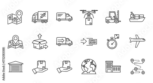 Industrial factory and manufacturing vector icons set. Thin line style. Includes factory buildings, cooling towers, robotic arms, production line, gears, safety helmet, and warning sign.