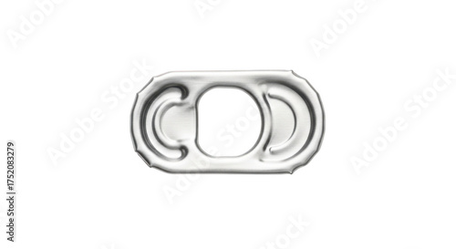 Close up of a silver soda can tab with a dark square in the center isolated on transparent background