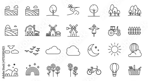 Farm and countryside line icon set. Rural life, agriculture, nature vector symbols. Barn, tractor, windmill, scarecrow, fields, sun, moon, rainbow, trees, flowers, picnic.