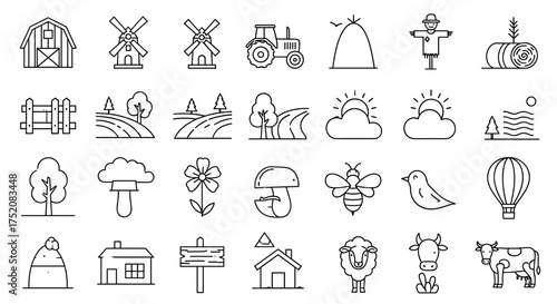 Farm and agriculture thin line icon set. Rural countryside vector elements with barn, windmill, tractor, scarecrow, hay bale, cow, sheep, fields, and nature symbols. Outline graphic collection.