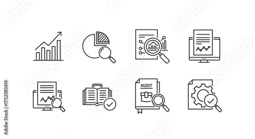 Audit and data analysis thin line icon set. Business report, financial inspection, market research statistics. Compliance analytics, management growth chart, graph vector icons.