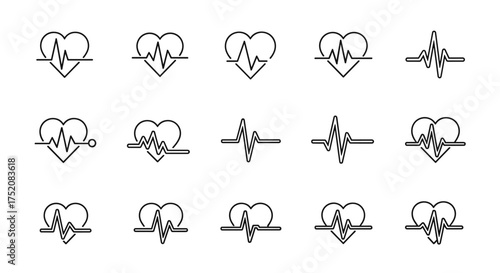 Heartbeat line icon set. Heart with cardiogram pulse. Medical EKG and ECG wave rhythm graph. Health care symbol for cardiology, medicine, fitness and love concept vector.