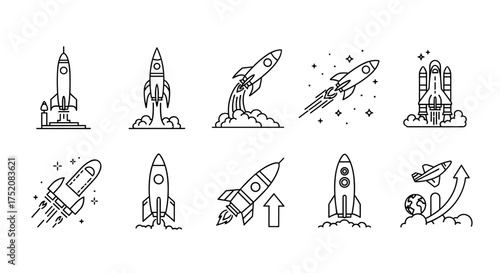 Rocket launch and space shuttle icon set. Line art vector symbols for startup, business boost, innovation, and growth. Spaceship flying in space. Exploration and technology.