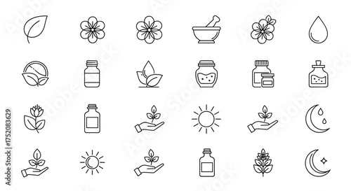 Thin line icons set of natural elements, herbs, flowers, leaves, essential oils, natural medicine, organic wellness, sun and moon symbols, herbal care and nature concept