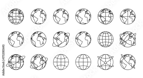 Earth globe line icon collection. Set of planet world map symbols with continents, latitude and longitude grid. Global network, communication, international business, travel concept.