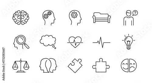 Psychology and mental health line icon set. Brain, thinking process, therapy, and emotional wellness symbols. Bipolar disorder, split personality, problem solving, and idea concept.