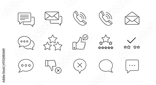 Feedback and review line icon set. Customer satisfaction rating. Communication, survey, and contact icons. Includes chat, email, phone call, star rating, and thumbs up/down.