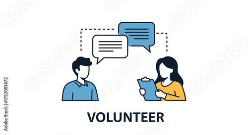 Volunteer teamwork and communication concept. Help and support discussion. People exchanging ideas for community service. Social engagement and volunteer assistance with a clipboard.