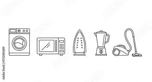 Home appliances line icon set. Household electrical equipment symbols. Washing machine, microwave oven, iron, blender, vacuum cleaner vector illustration collection isolated.
