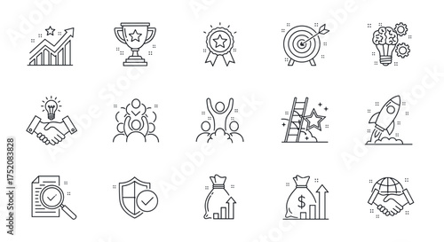 Business success and achievement line icons. Includes concepts for growth, startup, teamwork, strategy, goals. Trophy, target, rocket, innovation, investment, security.