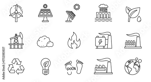 Energy types and power generation line icon set. Renewable vs fossil fuel sources. Sustainable green energy, wind turbine, solar panel, pollution, oil rig, recycling icons.