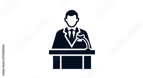 Public speaker vector icon. Man on tribune with microphone. Businessman giving a presentation or speech. Politician at a debate or press conference. Leader, lecturer symbol.