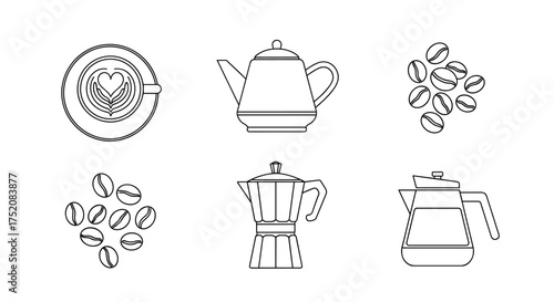 Coffee icon set in thin line style. Vector collection includes latte art cup, beans, moka pot, coffee maker, and carafe. Isolated outline elements for cafe menu or branding.