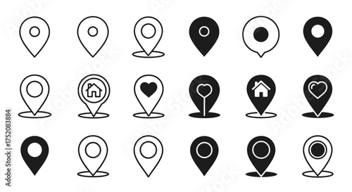 Collection of map pointer icons. Location pin symbol set for navigation and destination. GPS marker sign for web and app design. Includes home, house, and heart shapes.