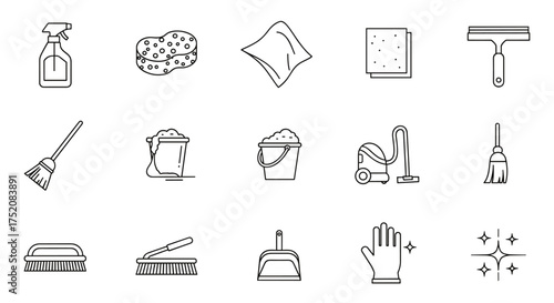 Cleaning service icon set. Line icons collection for housekeeping, household chores. Vector symbols of broom, mop, bucket, sponge, vacuum cleaner, brush, squeegee, glove.