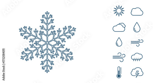 Weather forecast icon set with snowflake. Line art symbols for sun, cloud, rain, wind, storm, and temperature. Meteorology and climate concept for winter season. Vector.