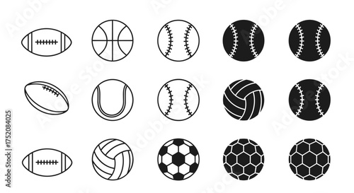 Sport balls icon set collection. Vector line art and glyph icons. Football, basketball, baseball, tennis, soccer, volleyball. Sport equipment graphic element for web and print design.