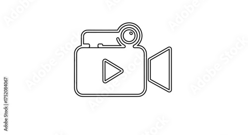Video camera line icon. Camcorder with play button. Movie film recording symbol. Media player sign for multimedia cinema concepts. Vector illustration for digital broadcast. Minimalist graphic.