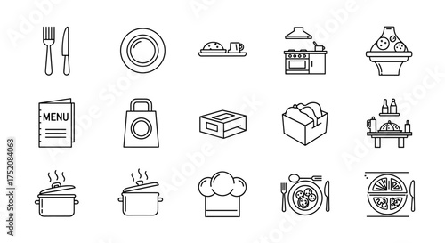 Food and restaurant line icon set. Cooking, kitchen, and dining symbols. Vector icons for takeout, delivery, chef, menu, and culinary concepts for graphic design.