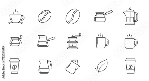 Coffee line icon set. Vector collection of coffee making elements. Includes cup, bean, grinder, french press, cezve, pot, mug. For cafe menu, barista, beverage graphic.