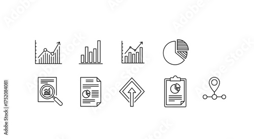 Data analysis icon set for business intelligence and statistics. Vector line icons for infographics, reports and presentations. Includes chart, graph, growth and analytics symbols.