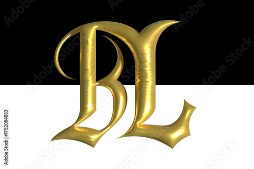 Elegant golden 'BL' monogram in an Old English/Gothic script, set against a contrasting black and white background, conveying luxury, classic branding, initial logo, and sophisticated typography
