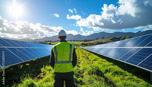 Renewable energy technician surveys expansive solar panel array in scenic landscape.