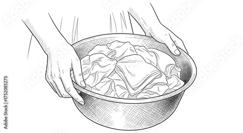 Woman hands holding basin with laundry, home chores engraving sketch hand drawn style black and white vintage illustration vector