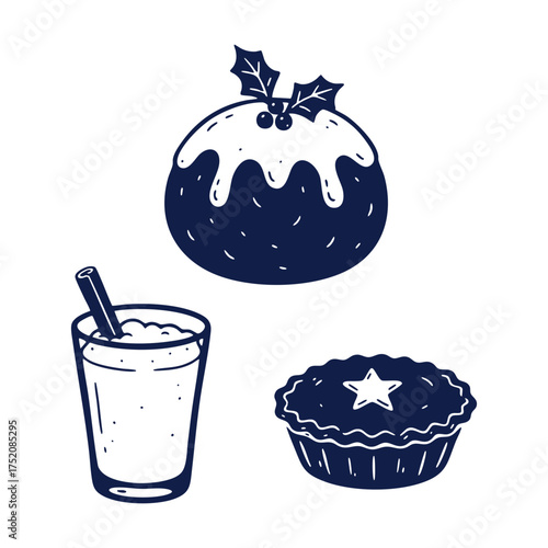 Christmas Pudding, Eggnog, Mince Pie Silhouette Vector Set