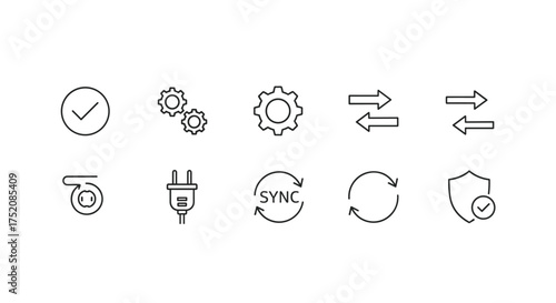 Universal linear icons for web and mobile. Includes settings, sync, data transfer, security shield, power plug, and approval checkmark. Thin line vector pictograms for UI and UX design.