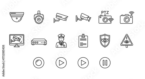 Security and surveillance line icon set. CCTV video monitoring system symbols. Includes dome camera, guard, DVR, PTZ, and protection icons for safety and control.