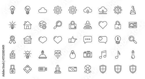 Mega set of universal outline icons. Modern thin line vector pictograms for web and mobile. Includes business, security, cloud computing, social media and interface signs.