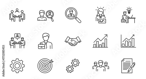 Business and office line icons. Professional teamwork, collaboration, and meeting. Employee search, recruitment, and HR concepts. Handshake partnership and growth charts.