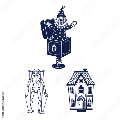 Vintage Christmas Toy Jack-in-the-Box Stencil Art Icons