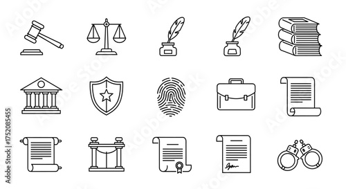 Law and justice thin line icons set. Legal system, crime, and judiciary symbols. Gavel, scales, courthouse, fingerprint, and handcuffs. Lawyer, court trial, and legislation vector pack.