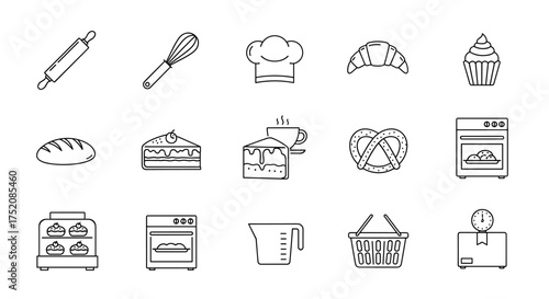 Bakery and pastry shop thin line icon set. Baking bread and cake symbols. Editable stroke vector. Rolling pin, whisk, chef hat, croissant, cupcake, oven, pretzel, delivery.
