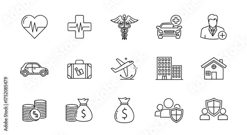 Insurance thin line icon set. Health, life, car, travel, property and home insurance. Financial security, safety and protection concept. Vector icons for business and finance.