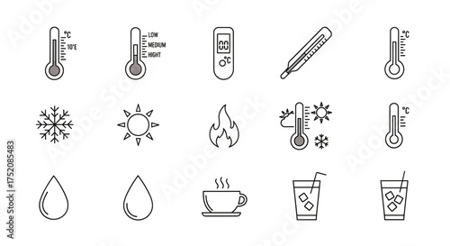 Temperature icons set. Vector line art collection. Thermometer for hot and cold measurement. Weather and climate symbols like sun, snowflake, and fire. Hot coffee and cold drink.