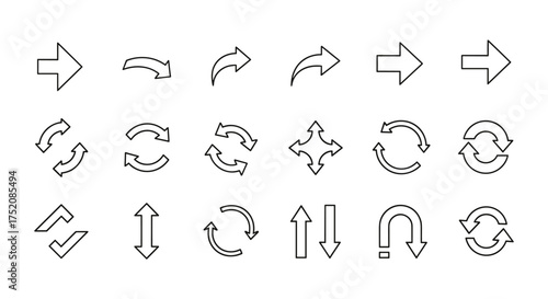 Arrow icon set. Vector line art symbols for navigation, direction, and pointers. Includes refresh, reload, recycle, exchange, sync, transfer, undo, and redo signs.