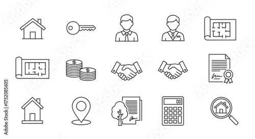 Real estate thin line vector icon set. Buying and selling property business concept. House, agent, key, blueprint, money, contract, mortgage, calculator, search and location icons.
