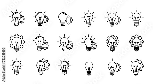Light bulb and gear icon set. Innovation and idea generation concept. Vector line art for brainstorming, problem solving, creative process, technology and engineering ideas.