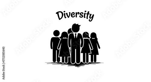 Diversity concept with diverse people group icon. Business teamwork, inclusion, gender equality, and community collaboration. Vector stick figure pictogram for corporate design.