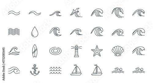 Wave and sea icon set. Ocean, water, surf symbols. Summer vacation, travel outline icons. Lighthouse, anchor, sailboat, surfboard, starfish, shell, swimmer pictogram collection.