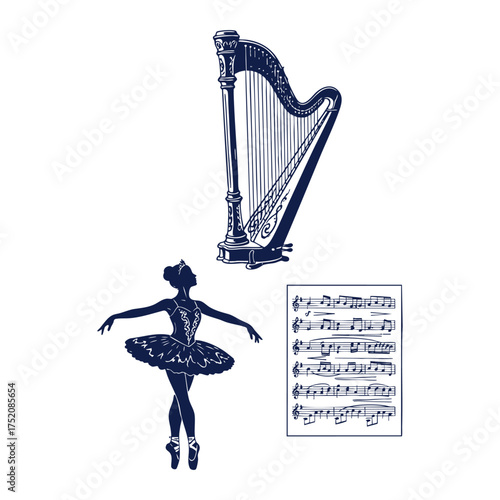 Christmas Harp Ballerina Sheet Music Stencil Silhouettes