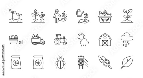 Agriculture and farming line icon set. Plant growth, cultivation, harvest, and farm life concepts. Includes tractor, barn, seedlings, farmer, and pest control vector symbols.