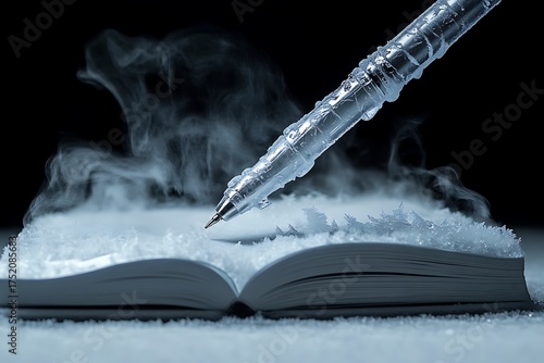 Icy Pen Hovering over an Open Book Surrounded by Frost and Vapor on Black
