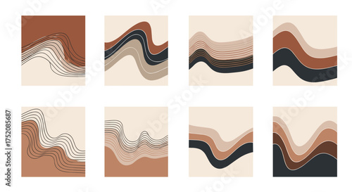 Set of 8 abstract wall art posters with wavy lines and shapes. Modern minimalist boho decor prints. Contemporary art collection in terracotta, beige, and brown neutral colors.