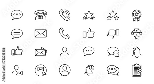 Communication and feedback line icon set. Vector icons for contact us, customer support, user review, rating, and social media. Thin outline style for web and mobile apps.