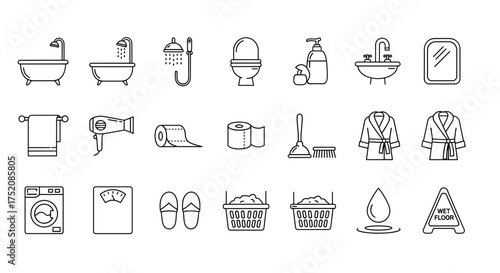 Bathroom & laundry line icon set. Vector symbols for hygiene, cleaning. Includes bathtub, shower, toilet, sink, mirror, towel, hairdryer, robe, washing machine, wet floor sign.
