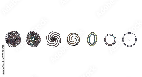 Metaphor for chaos and order. Tangled scribble line transforming into clean circle. Psychology, therapy process. From confusion to clarity. Mental health, anxiety relief.